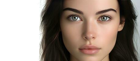 Close up of a beautiful Caucasian woman with dark hair looking at the camera White background with copy space photo