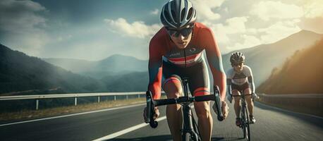 Cyclists on racing bikes with helmets taking a break on the highway photo