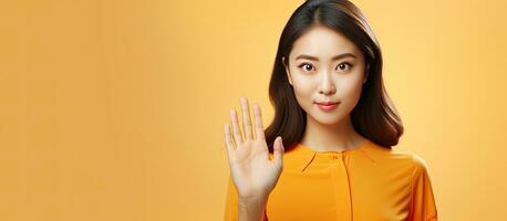 Smiling Asian woman in her 30s with orange shirt suggests product idea gesturing to empty area on yellow backdrop photo