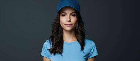 Brunette woman in blue t shirt and cap active on white background with copy space photo