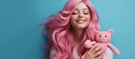 Stylish girl in pink with long pink hair smiles and hugs herself on blue background doll fashion concept photo