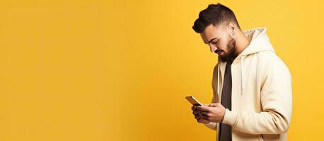 Handsome man in white hoodie using phone with plain yellow background photo