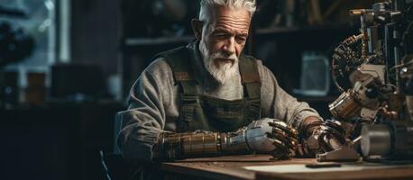 Senior man assembling arm prosthetics and wiring in workshop copy space photo