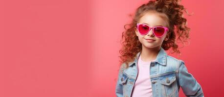 Beautiful girl with trendy hairstyle and pink sunglasses posing in denim jacket against fuchsia background photo