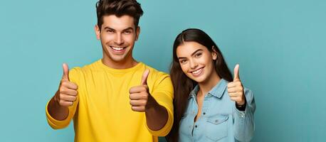 Two happy individuals a man and a woman in casual blue clothing pose and point with a thumbs up against a yellow background photo