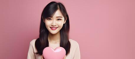 Happy Asian woman holding heart shaped paper on pink background with space photo