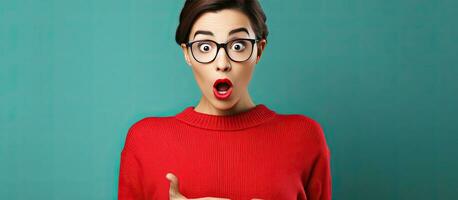 Short haired Caucasian woman holding a copy space looking shocked and amazed photo