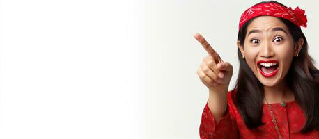 Asian woman in red kebaya and flag headband pointing at empty space above her on white background looking enthusiastic photo
