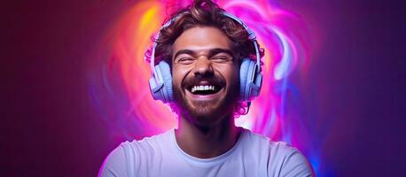 hombre bailando y escuchando a música con auriculares DJ s felicidad y sonrisa hipster estilo de vida púrpura antecedentes con neón luces habitación para texto foto