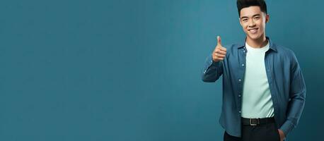 Chinese teen guy advertising and approving something standing on a blue background pointing finger and giving thumbs up photo