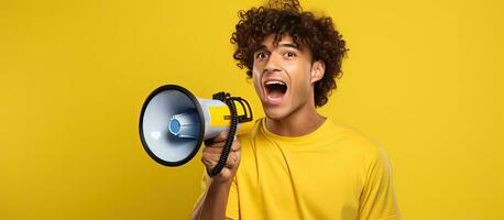 A young man of Latin descent wearing a printed shirt uses a megaphone Copy space available photo