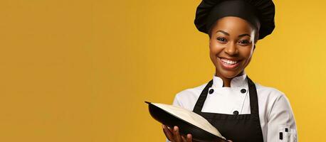 Joyful African American female cook in uniform and hat happily glancing at oven mitt on hand posing with delight in yellow studio backdrop photo