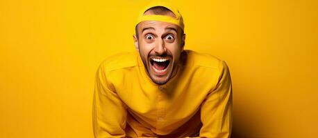 Prisoner dressed up enjoying and making faces on yellow backdrop with room for text photo