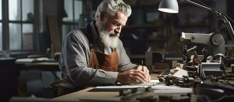 Senior craftsman examining arm prosthetics in workshop with laptop nearby for reference empty area photo