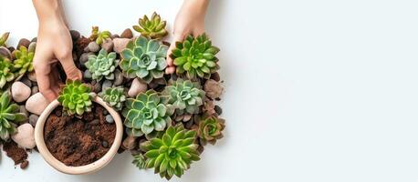 Transplanting succulents into a ceramic pot with drainage rocks for home gardening hobby photo