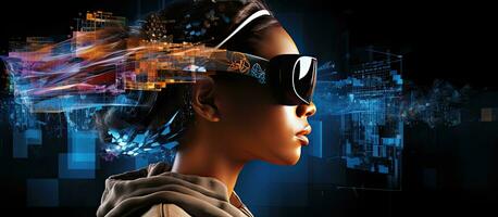 Metaverse concept depicted with black woman wearing VR glasses data blocks and empty white background photo