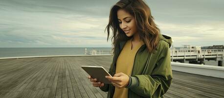 A young Latin woman in a green jacket a content creator is on the pier reviewing her video with a digital camera on a cloudy day highlighting technology a photo