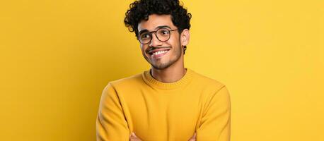 Amused and satisfied young Latino man holds copy space on palm against a yellow studio background photo