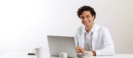 Caucasian woman working happily at desk with laptop in white shirt photo