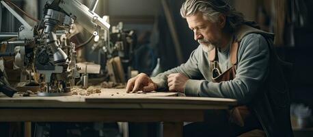 Senior craftsman building leg prosthetics in workshop and screwing joints viewed from the side photo