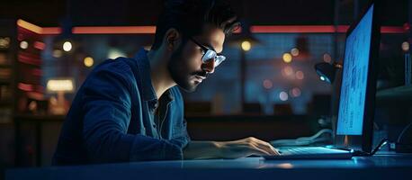 Middle Eastern man with glasses using computer in illuminated booth with space for text photo