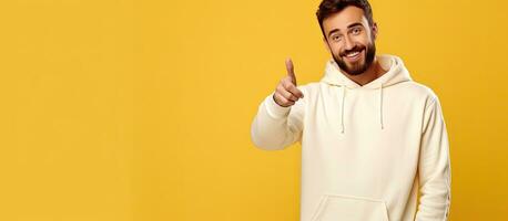 A bearded man points to empty space offers room for your advertising content in a white hoodie isolated on yellow background photo