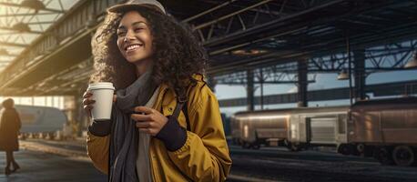 Latina woman enjoying coffee in railway yard with space for text photo