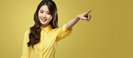 Asian woman confidently pointing to copy space on a yellow shirt in a studio setup photo