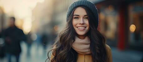 Indoor wide portrait of a beautiful brunette girl smiling at home photo