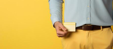 Man with a credit card posing with a yellow backdrop and hand on waist photo