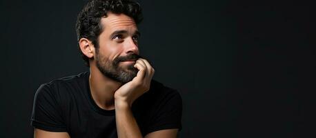 Man posing in studio chin resting on hand arms crossed gazing away at blank space to the side photo