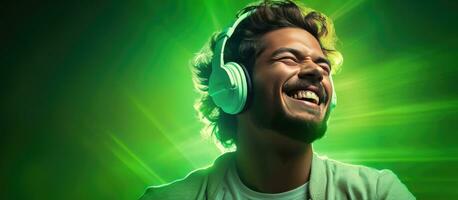 A happy DJ style man with closed eyes dancing and singing while wearing headphones on a green background with neon light photo