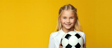 Blonde Caucasian girl holding soccer ball on yellow background kids football concept photo