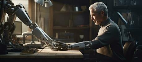 Senior man creating arm prosthetics in workshop and using computer with copy space shown in profile photo