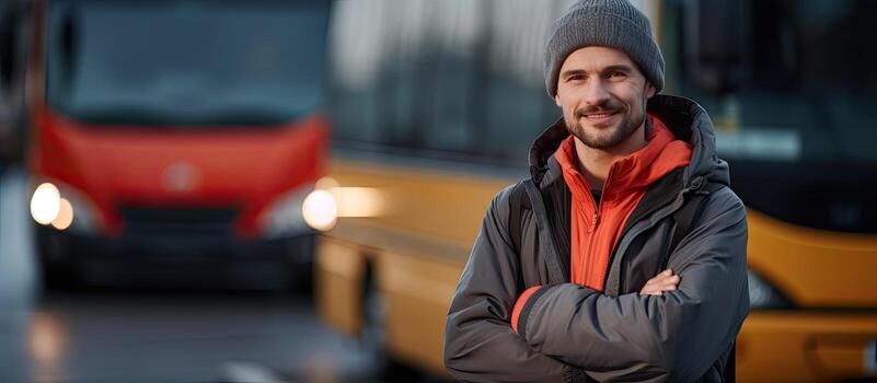 Content bus driver posing happily with folded arms in front of their vehicle while making eye contact with the camera Space for text photo