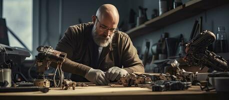 Senior man building arm prosthetics measuring parts in workshop photo