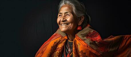 Elderly Latin grandmother wearing a poncho or ruana laughs in front of an empty area photo