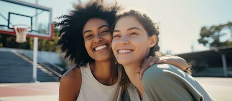 hembra amigos diverso y alegre vestir Deportes atuendo unir a un baloncesto Corte espacio a añadir texto deporte actividad amistad y estilo de vida permanecer no cambiar foto