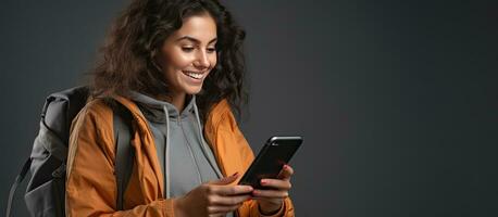 Smiling young Hispanic woman with backpack using mobile phone isolated on gray background with copy space photo