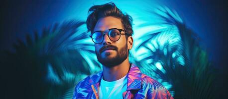 Hipster lifestyle portrait with palm leaves neon lights and copy space photo