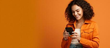 Happy woman in casual denim outfit posing on orange wall background in a studio portrait Representing people s lifestyle with a mock up copy space Using a photo