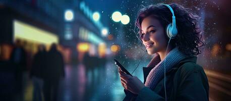 Nighttime city stroll Lady happily walks earphones in smartphone in hand Smiling looking around space for text photo