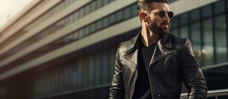 Successful businessman in leather jacket observing documents outside office empty space for copy photo