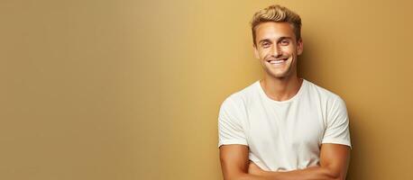 Confident and successful young man with blond hair happily displaying an idea on copy space photo