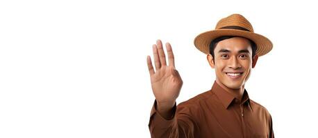 A joyful young Indonesian man wearing traditional headwear is happily greeting with open arms on a white background photo