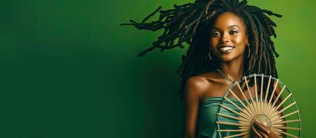 Stylish lady with vibrant dreads dancing by a green wall A photo embracing a joyful lifestyle Ideal for fashion media