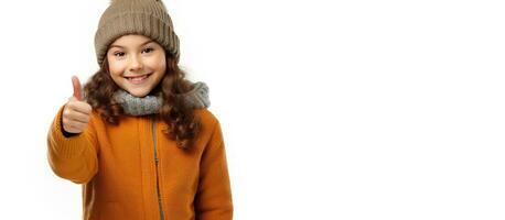 Excited preteen girl in warm clothes happily pointing at copy space isolated photo