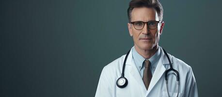 Serious doctor in white coat and glasses looking at camera on isolated gray background space for health text photo