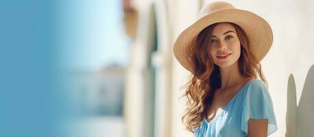 A woman in a summer dress holds a straw hat and smiles at the camera against a blue city wall with summer sun rays photo