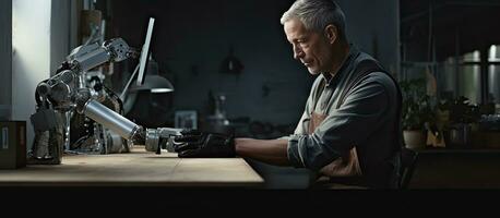 Senior man creating arm prosthetics in workshop and using computer with copy space shown in profile photo